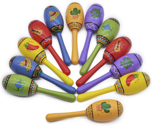 12 6 JOYIN Mini Wooden Fiesta Maracas Designs Noisemaker for Mexican Fiesta, Cinco De Mayo Party Favors, Musical Fun