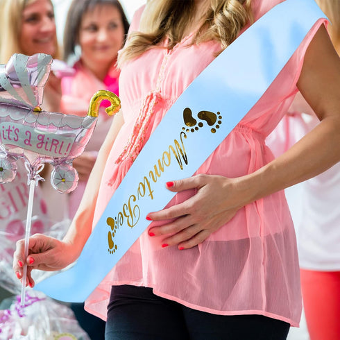 Xinnun Baby Shower Maternity Sash Kit - 5 Pcs Blue Shoulder Sash, Daddy Corsages, Flower Crown, Rose Wreath Headdress