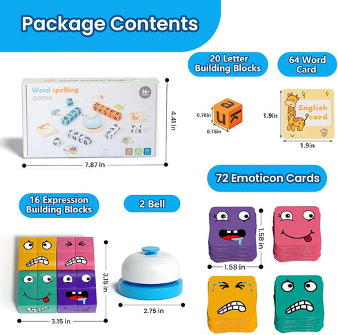 SetWooden 3+ Face Changing Building Block Word Spelling Game Two-Piece Expression Letter Puzzle Cubes Board Game