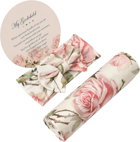 Galabloomer Newborn Receiving Blanket Headband Set, Vintage Flower Baby Flower Swaddle