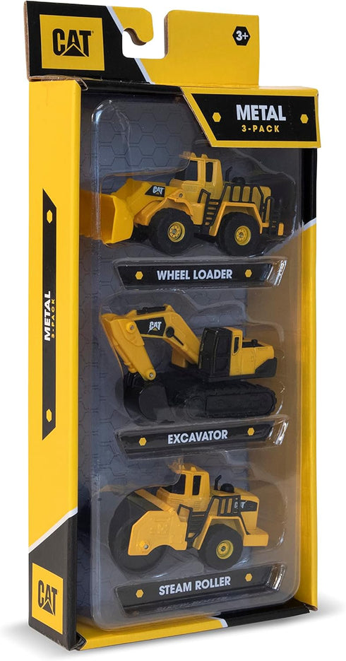 CAT Construction Toys 3 Pack Vehicles - Die Cast Metal Steam Roller, Excavator, Wheel Loader for Ages 3+