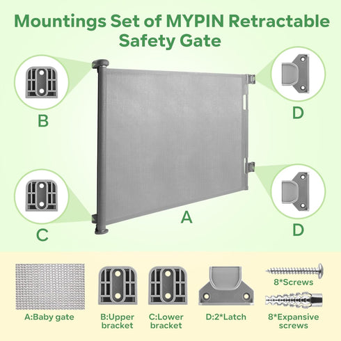 Retractable Baby Gate Replacement Parts Kit - Full Set Wall Mounting Hardware with Brackets, Anchors, and Screws (Grey)