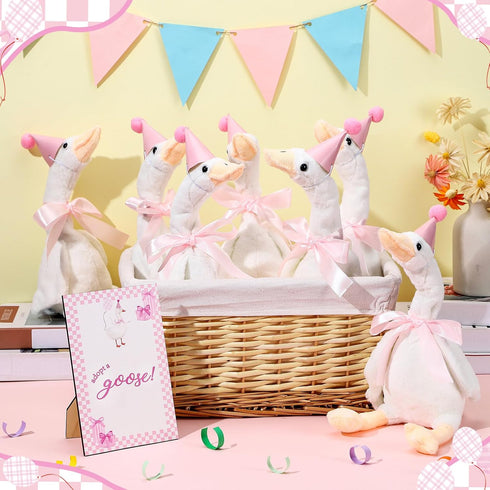 Blueweenly 8 Sets 15.7 Inch One Silly Goose Birthday Decoration Soft Silly Goose Stuffed Animal Hat with Wood Table