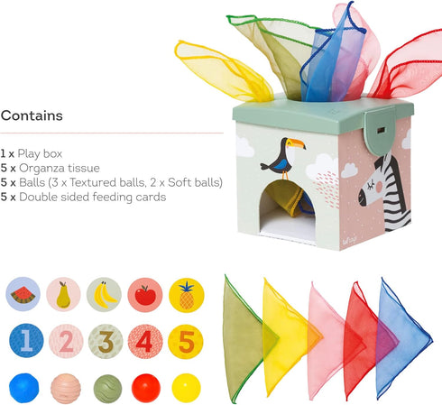 Taf Toys Sensory Baby Tissue Box - Montessori Square Sensory Toys with Colorful Pull Scarves, Play Balls, and Cards.