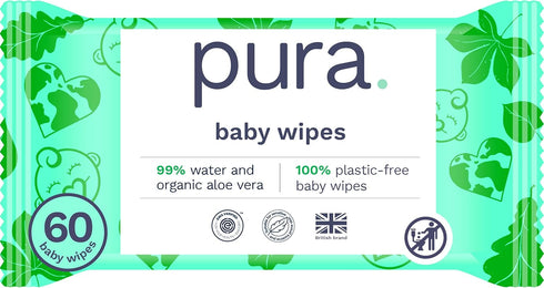 Pura Natural Sensitive Baby Wipes, 99% Water, Unscented & Hypoallergenic, Suitable for