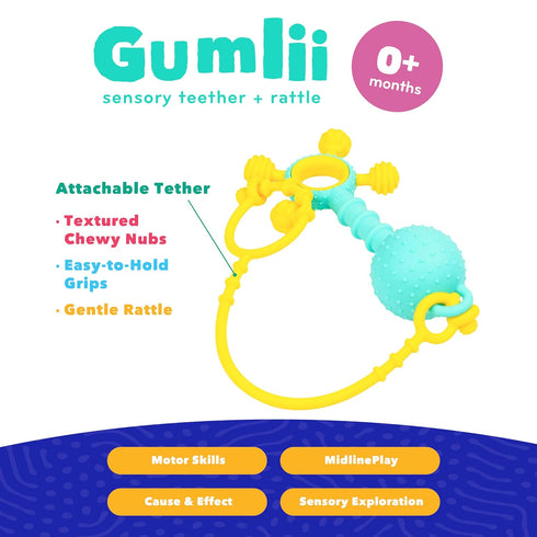 Mobi Gumlii Sensory Teether Baby Rattle Toy - Food Grade Silicone, BPA Free, for Babies 0-6 Months, Pack of 1