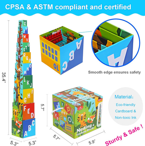 Animal Sorting and Stacking Blocks - Educational ABC & Numbers Toy for Babies and Toddlers, Montessori Learning Tower