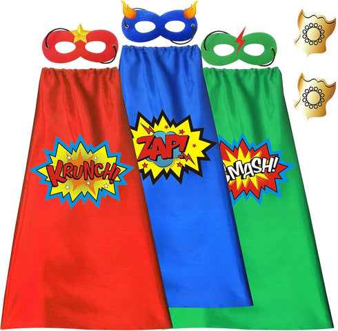 ADJOY Superhero Capes and Masks for Kids, Birthday Party Dress Up Costume, 3 Sets in Red Green Blue