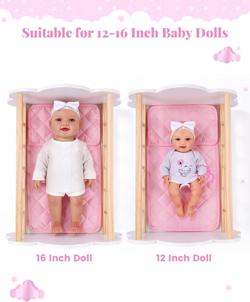 12-16 Inches BABESIDE Wooden Baby Dolls Bed for Doll, Rocking Babys Doll Crib, Sleep Bed, Baby Dolls Accessories