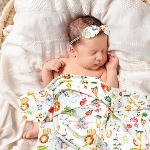 Set (61-09) Animal Newborn Swaddle Blanket, Baby Receiving Blankets with Headband and Beanie for Boys Nursery Swaddle