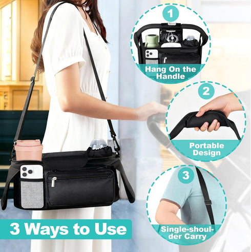 Universal Stroller Organizer with Insulated Cup Holder Detachable Phone Bag & Shoulder Strap, Bag Caddy Fits