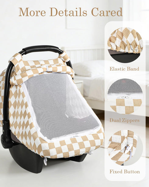 DILIMI Summer Car Seat Covers for Babies, Muslin Cotton Baby Car Seat Cover with Breathable Mesh Window, Infant Car