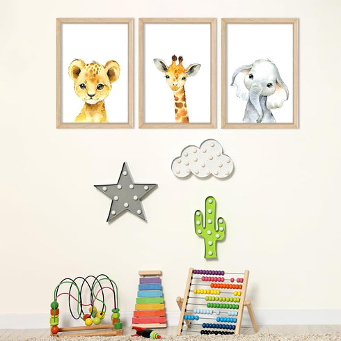 YWJKWLGS Set 3, 11x16 Inch Safari Nursery Wall Art of Natural Wood Framed Watercolor Animal Print, Giraffe Lion