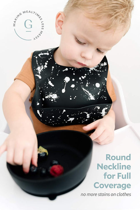 Silicone Baby Bib with Food Catcher - Adjustable Waterproof Feeding Bib for Babies and Toddlers 4 to 36 Months for Girl and Boy - Modern, Soft, Easy to Clean (Paint Splatter on Black)