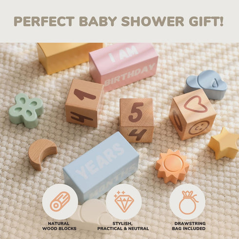 Baby Monthly Milestone Blocks Set of 12, Charming Wooden Newborn Age Blocks for Monthly Milestone Baby Photo Props &