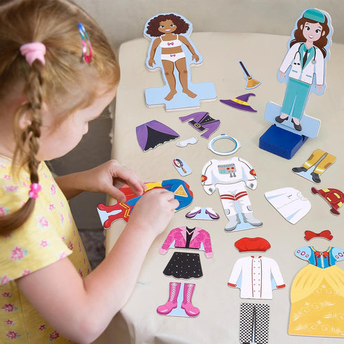 Atoylink Wooden Magnetic Dress Up Dolls for Girls, Pretend Play Set, Princess/Witch/Occupations Matching Games