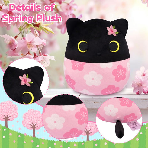 Spring Stuffed Animal Black Cat Plush,Soft Sakura Cat Plush with Sakura Embroidery on Head,Spring Plush Gifts for Kids
