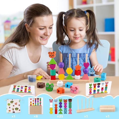Animal Baby Toys for Boys Girls - Cute Wooden Bead Sequencing Set with Rabbit, Bear, Tiger, Pig, Frog for Early Learning