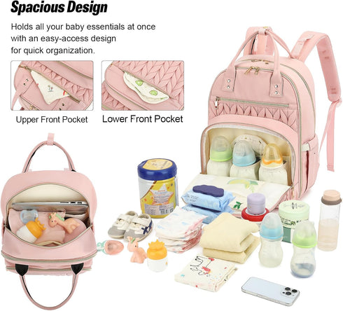 Kouxunt Backpack Quilted Baby Diaper Bag for Women, Baby Girls Boys Nappy Bags with Stroller Straps Insulated Pockets