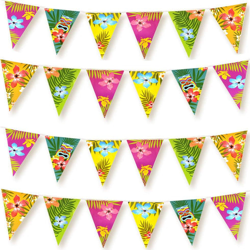 FEPITO 4 Pack Hawaiian Bunting Banner - Luau Party Tropical Decorations, Total Length 12 Meters
