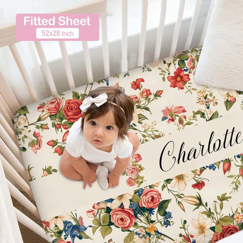 COWSROCK Set 3 Set Personalized Baby Girl Crib Bedding with Name, Floral Nursery Bedding, Piece with Flannel Blanket