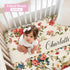 COWSROCK Set 3 Set Personalized Baby Girl Crib Bedding with Name, Floral Nursery Bedding, Piece with Flannel Blanket