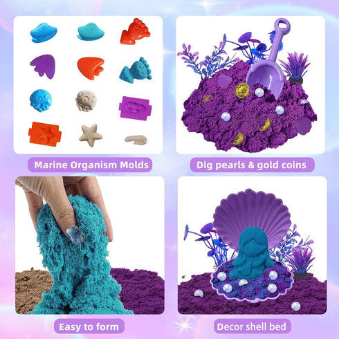 60Pcs Set 2lbs 17 12 3-8 Mermaid Sensory Bin Kit - Sensory Sand with (Purple/Teal/Beach), Sea Castle & Marine Molds