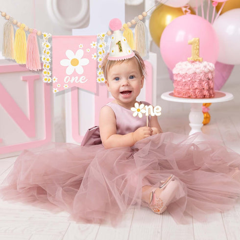 1st Daisy Birthday Decorations Highchair Pink Floral High Chair Banner Boho Flower One Wooden Cake Topper for Pastel
