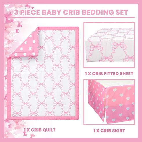 Hahafelt 3 Set Set Pcs Baby Girls Crib Bedding Coquette Pink Bow Baby Bedding for Girls Coquettish Pink Heart Bow