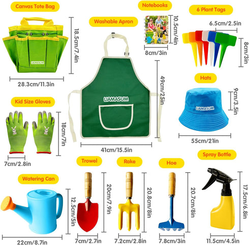 liamasum Set Kids Gardening Tools Includes Toddler Gardening Gloves, Sturdy Tote Bag, Watering Can, Shovel, Rake