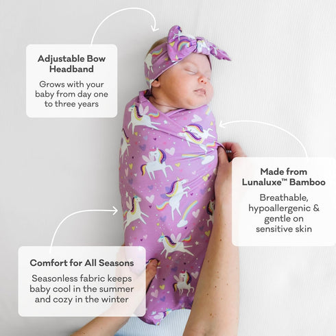 Set, Little Sleepies Swaddle & Headband Bow Viscose from Bamboo Baby Swaddles, Newborn Baby Girl Clothes (Luxe Pink