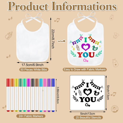 100 50 25 24 1 Panitay Pcs DIY Baby Bibs Decorating Kit White Bibs Stencils Markers Baby Shower Game Sign