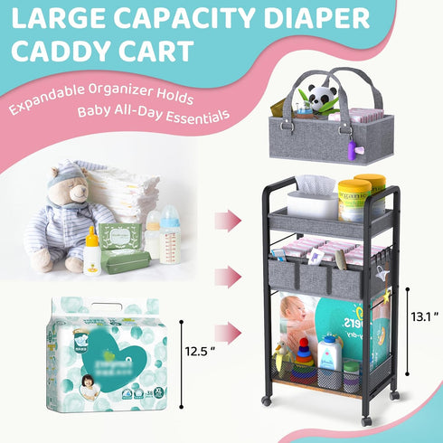 JRANBRJS 2IN1 Organizer-3 Baby Diaper Caddy Tier Rolling Storage Cart with Dividers - Bedside Diaper Caddy Cart
