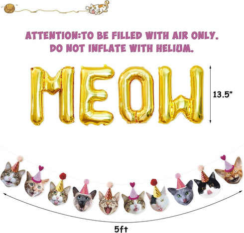 Bessmoso Funny Cat Party Garland, Meow Letter Balloons Cats Faces Banner for Cat Theme Party