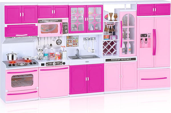 Mastom Kitchen Playset for Girls, Play Kitchen Toys for Dolls with Realistic Lights