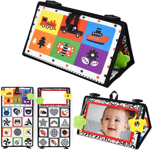 Dr.Rapeti Tummy Time Floor Mirror - Black and White High Contrast Baby Toy with Teethers, Washable & Non-Toxic