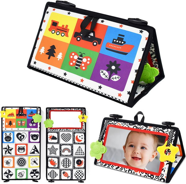 Dr.Rapeti Tummy Time Floor Mirror - Black and White High Contrast Baby Toy with Teethers, Washable & Non-Toxic
