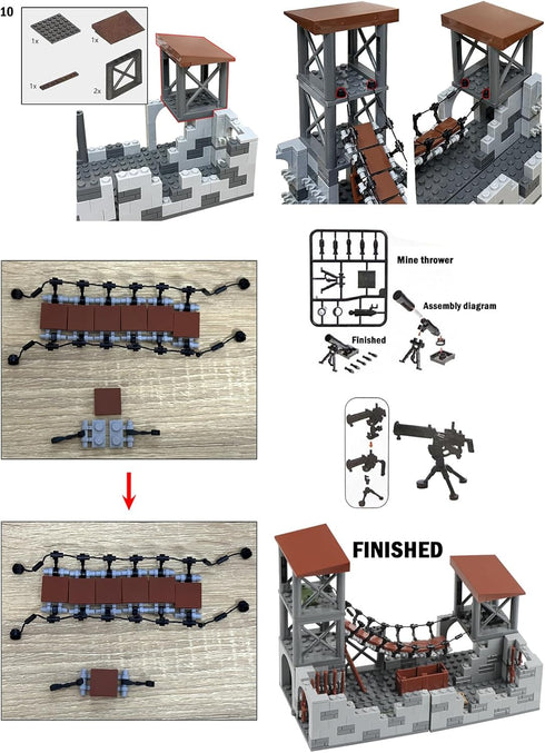 Set, WW2 14+ Finger Rock Military Base Series Small Suspension Building Army Mini War Accessories Kits, DIY Defence