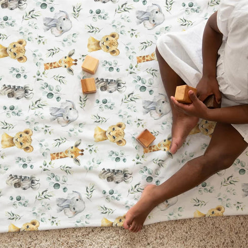 Safari Jungle African Animal Eucalyptus Leaf Baby Blanket, Boys Gift, Elephant Giraffe Zebra Lion Flannel Fleece