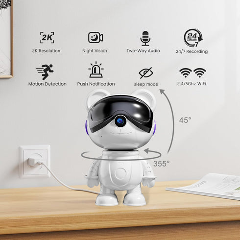 dzcctvipc Bear-2K Mode,5G Vision,24/7 Recording,2-Way -Cute Wireless-Smart Robot-Home Security - Camera,Nanny & Pet