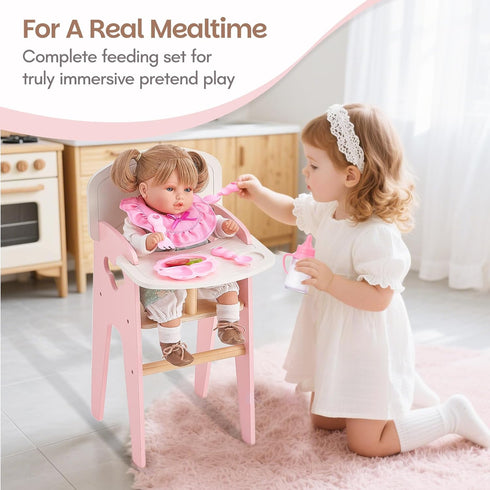 Set, 18 Inch Giant bean Wooden Baby Doll High Chair with Feeding Pretend Play Feeding Seat for Dolls, Includes Bib