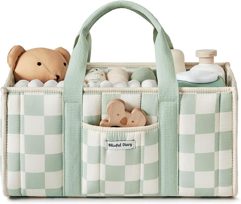 Blissful Diary Checkered Diaper Caddy Organizer, Stylish Nursery Storage Basket, Gift for