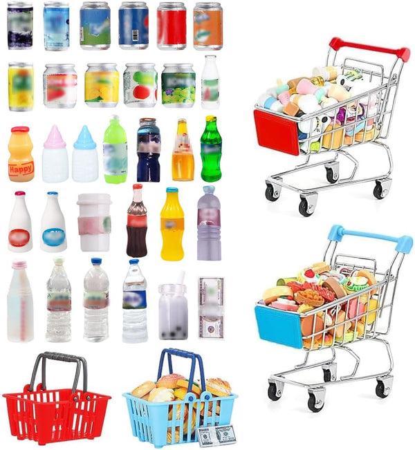 kapeiluo 135Pcs Mini Shopping Cart Basket Miniature Food Drink Toy Supermarket Metal Handcart