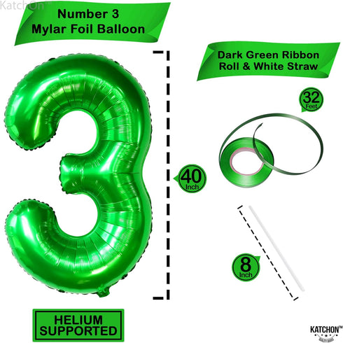 KatchOn Giant Green Number 3 Balloon - 40 Inch, Three Rex Birthday Party Decorations, Green 3 Balloon for Happy Birthday