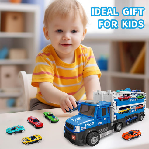 DOWELLIN 6 1 6Pcs 3 4 5 6 7 8-Blue in Transport Truck Toys for Kids, Police Trucks Carrier Cars with Metal Race Car