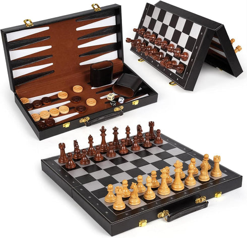 3 1 Set Backgammon Set, 15" Set, in Magnetic Chess & Checkers Board Game Wooden Folding Chess Board, Tournament