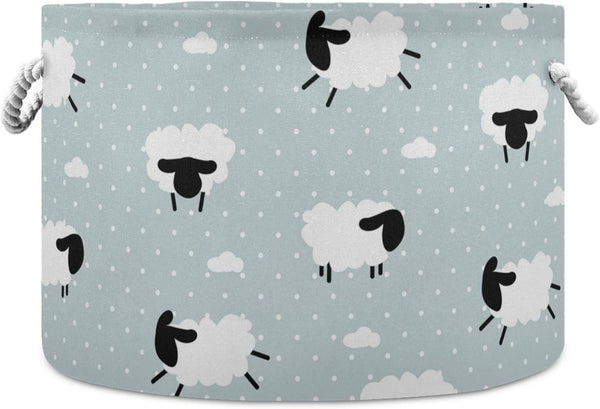 visesunny Cute White Sheep Animal Storage Bin, Collapsible Large Capacity Basket with Durable Cotton Handles