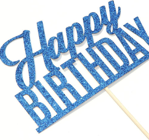 Blue Glitter Happy Birthday Cake Topper, Birthday Sign Cake Topper for Adults, Children, Teenagers, Anniversary Party