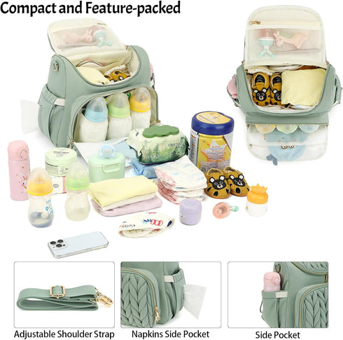Bevkois Backpack Small Diaper Bag Quilted Mini Baby Crossbody Diaper Bag Tote for Mom and Baby Girls Boys (Matcha