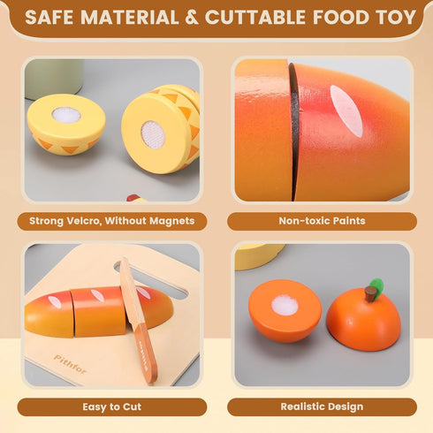 Playset, Set 3 4 5 Pithfor Picnic Wooden Play Food for Kids Kitchen, Cutting Pretend Play Kitchen Food Toy for Toddlers